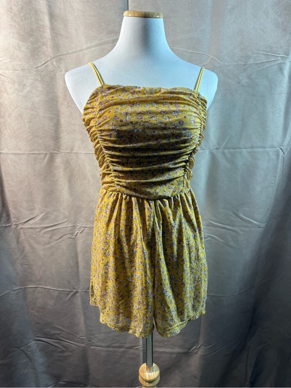 60-Ultra Flirt Yellow Floral Ruched Spaghetti Strap Mini Dress